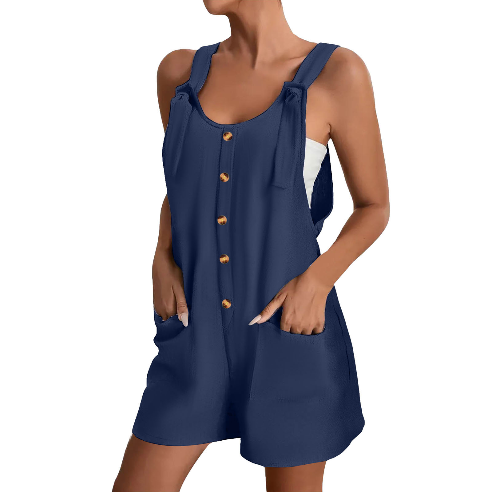 thumbnail image 2 of Mono corto de verano informal con botones para mujer - Poliéster, sin mangas, pantalón corto ancho - S-XXL, 2 of 5